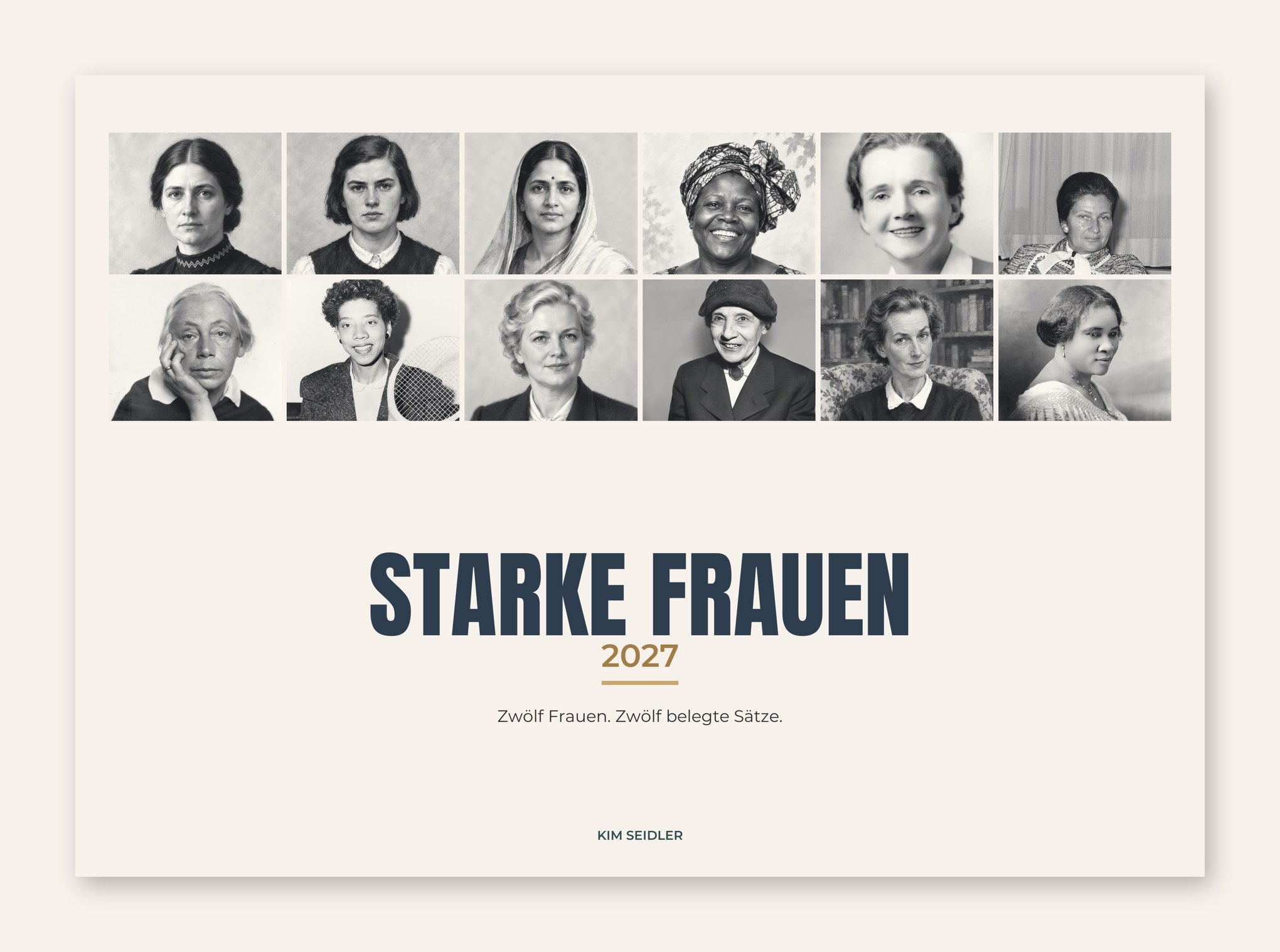 Titelblatt des Wandkalenders „Starke Frauen 2027“ mit den Porträts aller zwölf Frauen