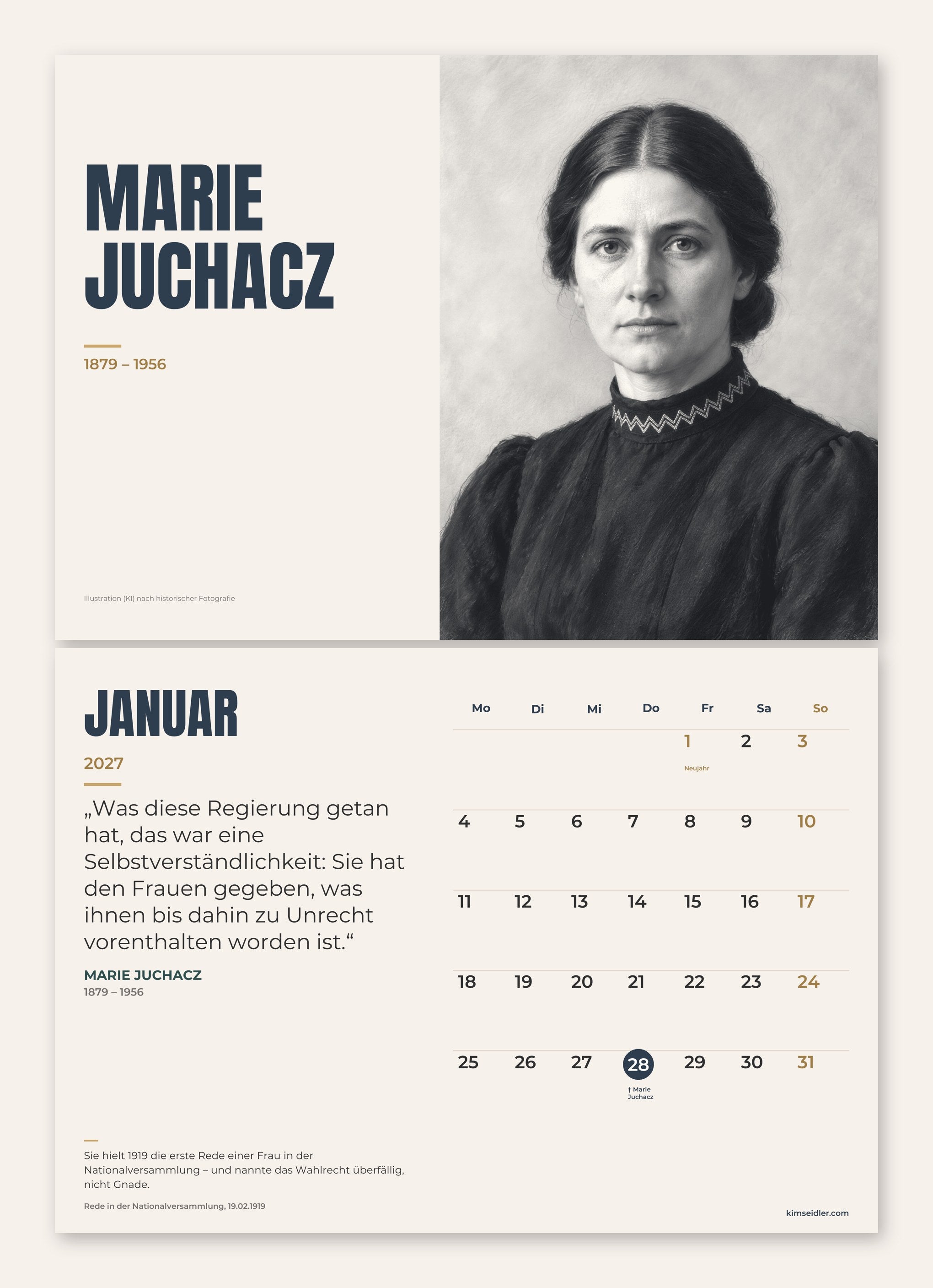 Kalenderblatt Januar 2027: Marie Juchacz, darunter Monatsübersicht mit Zitat