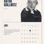 Kalenderblatt Juli 2027: Käthe Kollwitz, darunter Monatsübersicht mit Zitat