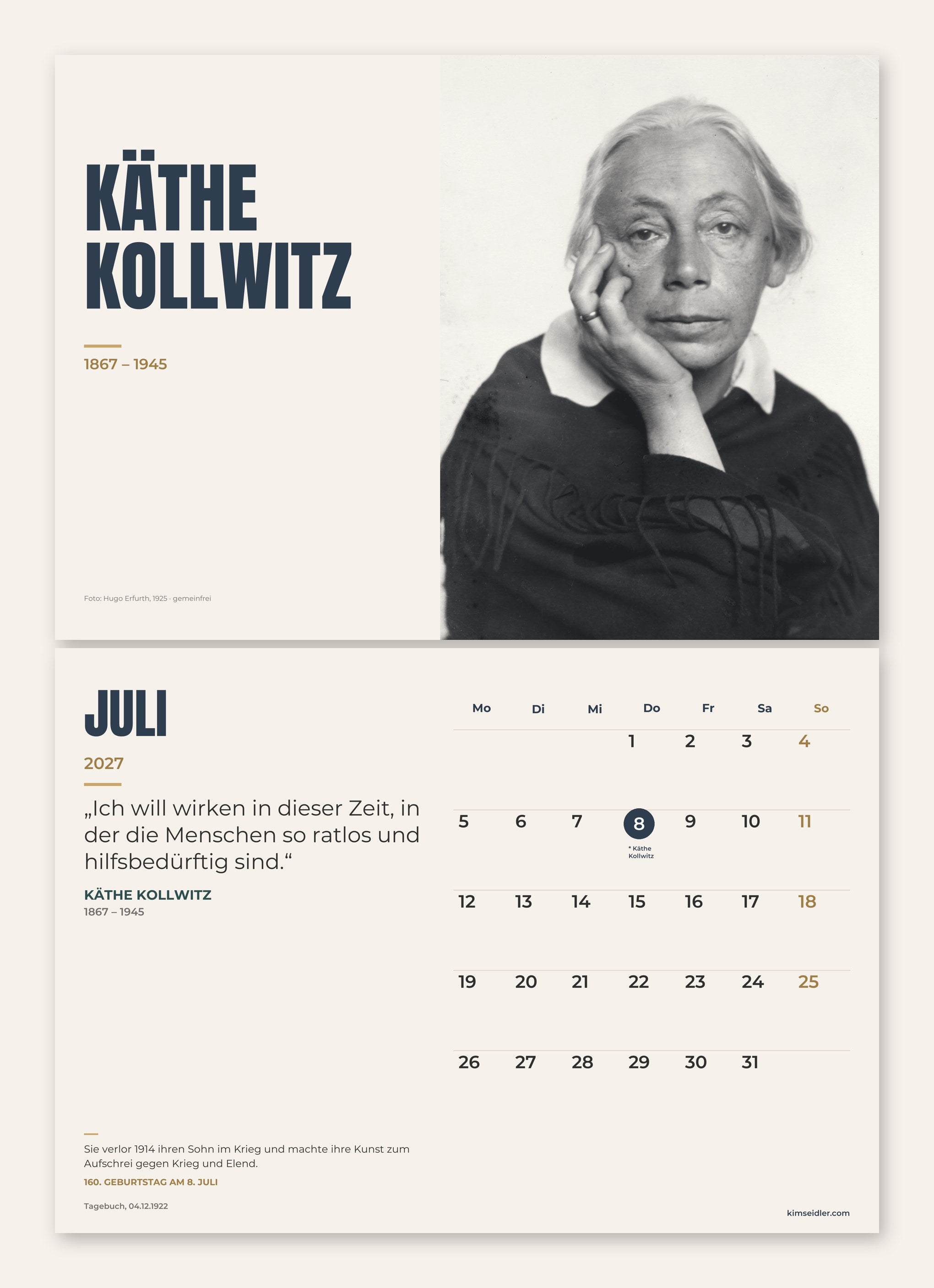 Kalenderblatt Juli 2027: Käthe Kollwitz, darunter Monatsübersicht mit Zitat