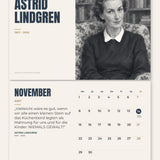 Kalenderblatt November 2027: Astrid Lindgren, darunter Monatsübersicht mit Zitat
