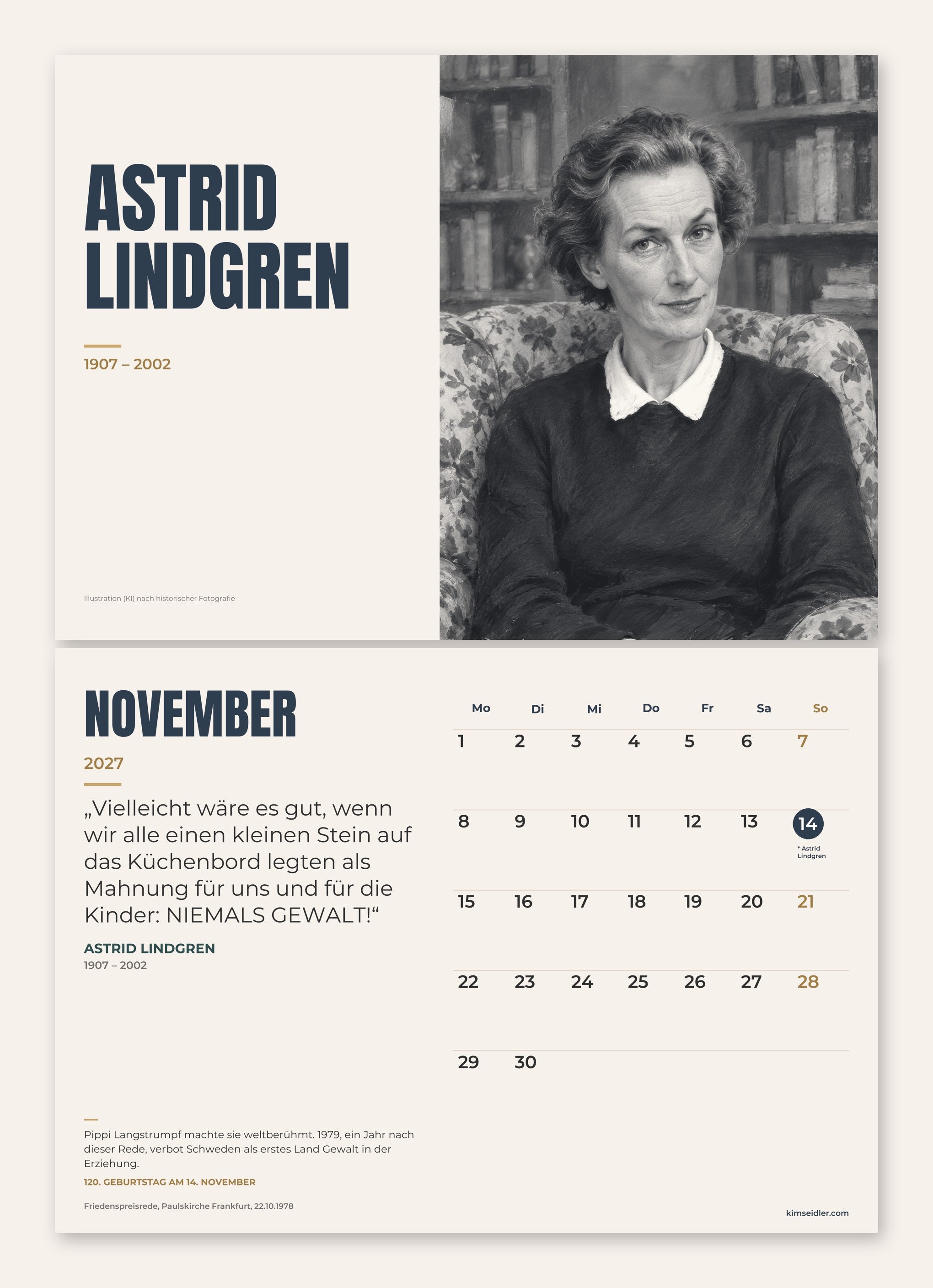 Kalenderblatt November 2027: Astrid Lindgren, darunter Monatsübersicht mit Zitat