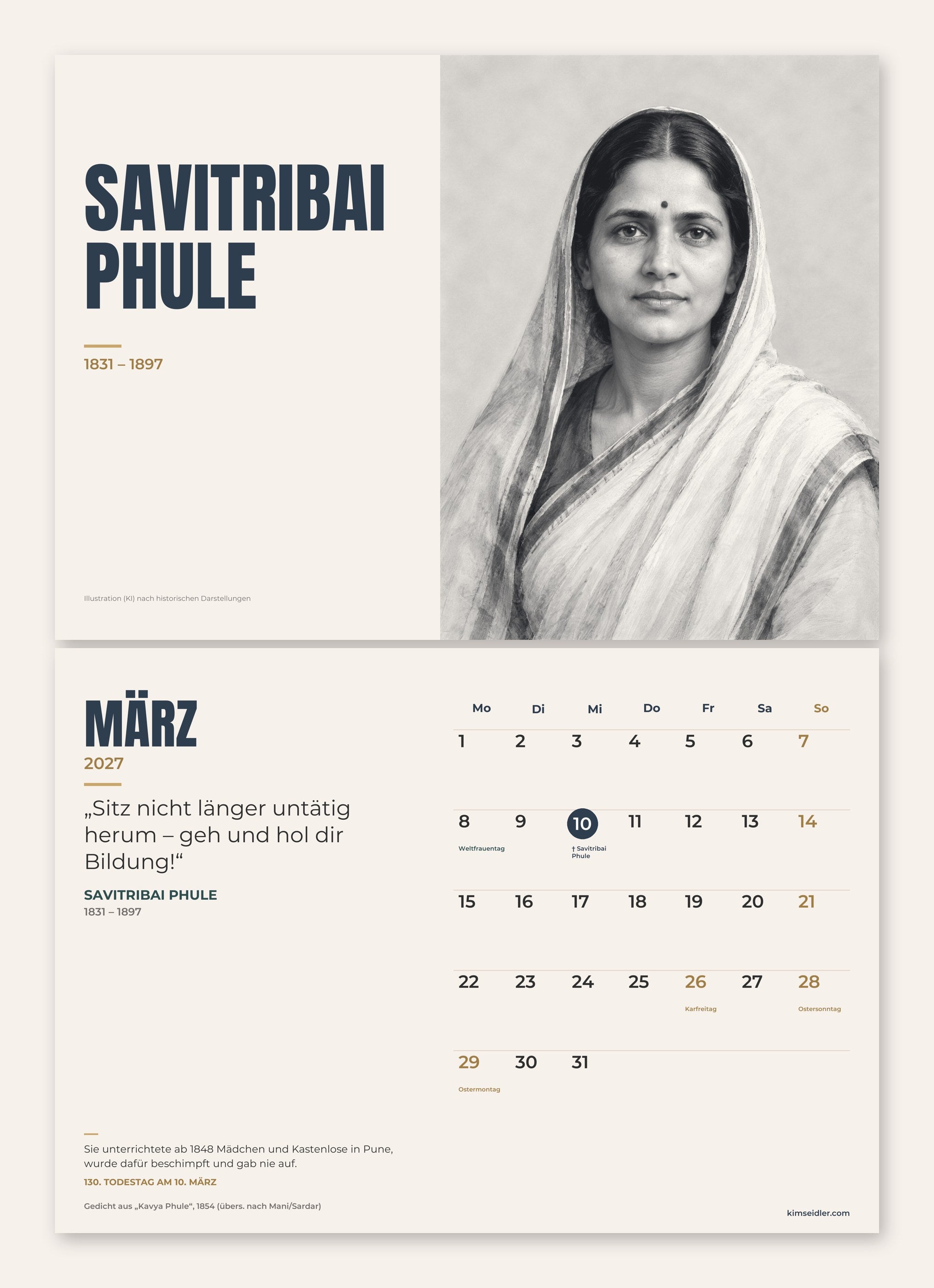 Kalenderblatt März 2027: Savitribai Phule, darunter Monatsübersicht mit Zitat