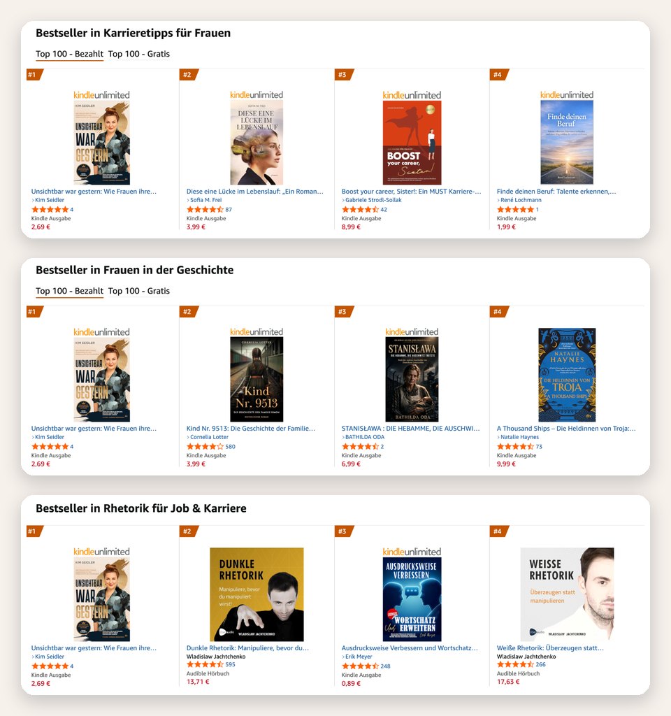 Amazon.de-Bestsellerlisten Karrieretipps für Frauen, Frauen in der Geschichte und Rhetorik für Job & Karriere – jeweils mit „Unsichtbar war gestern“ auf Platz 1